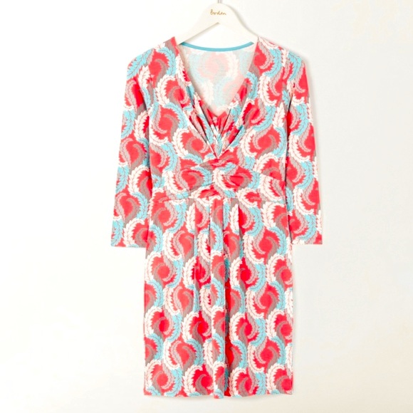 BODEN Women's Sz 10 Marion Coral Leaf Jersey Knit Twist Dress - Picture 1 of 12